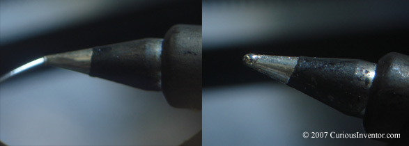 Adding a small drop of solder to a clean tip.