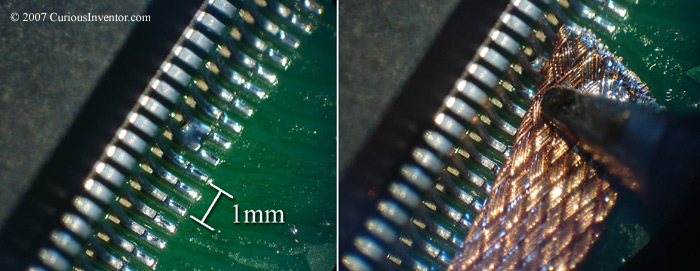 Removing a solder bridge on a fine pitch QFP with wick / braid