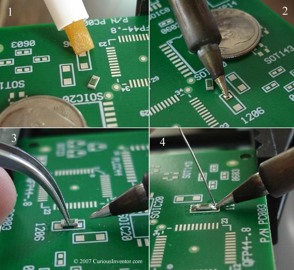 The basic steps for soldering surface mount chips: flux, tack, solder