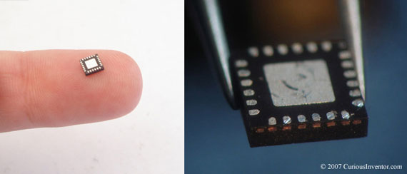 a QFN chip upside-down showing alignment markers on its side